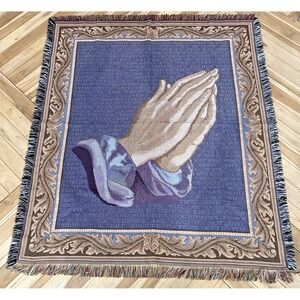 Vintage Tapestry Throw Blanket – Praying Hands & Lord's Prayer – 61" x 52"